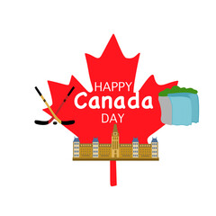Happy Canada Day illustration with maple leaf, Parliament building, Niagara Falls, and Hockey sticks. Flat vector design 