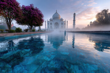 Taj Mahal reflected in serene water at dawn with mist and blooming flowers