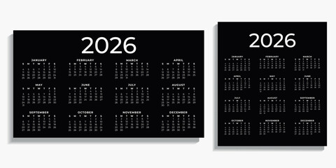 Set of vector classic calendars for 2026. Week starts on Sunday. Vertical and horizontal calendar in minimalist style on dark background