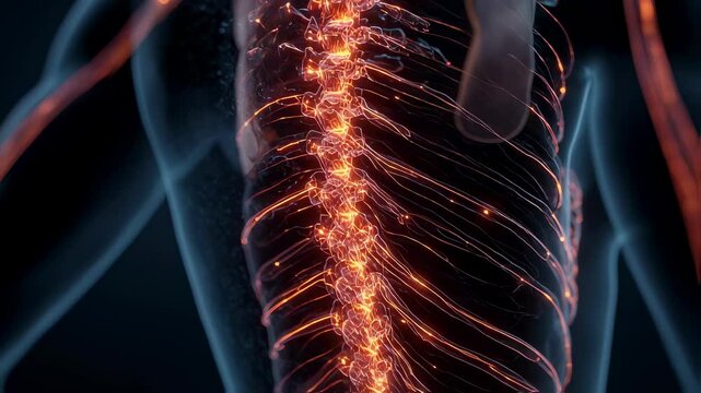 Medical visualization depicting morphine suppressing pain signals in a human spine, represented by glowing lines along the spinal cord and nerves