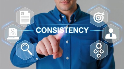 Businessman interacting with floating icons representing consistency and performance. Professional consistency, strategic work flow, business reliability.