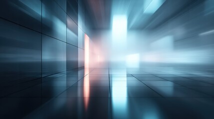 Abstract futuristic interior space with reflective surfaces, illuminated by soft glowing lights, creating a sense of depth and movement, ideal for modern design and technology themes