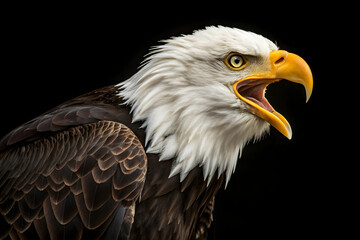 Obraz premium American Bald Eagle Portrait with Open Beak on Black Background | Wildlife Conservation Imagery for Patriotic and Nature Marketing