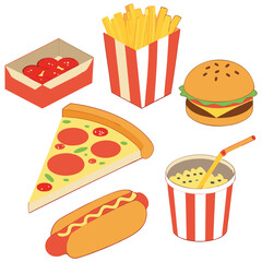 Fast food 3d realistic render vector icon set. Pizza, taco, hamburger, fries potatoes, ramen noodle soup, hot dog, popcorn