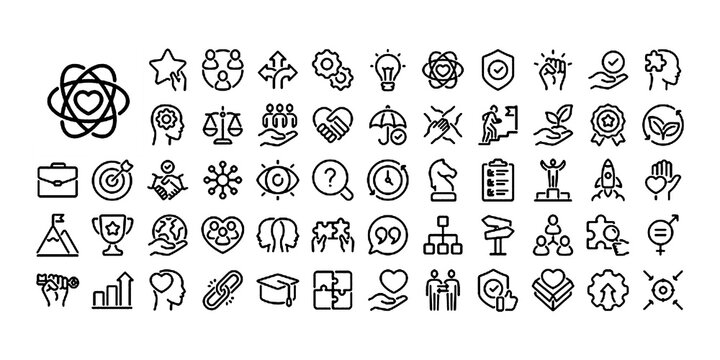 Core values concept. Integrity, mission, vision, trust, purpose, leadership and growth editable stroke outline icons set isolated on white background flat vector illustration.