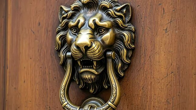 Close-up of an ornate, bronze lion door knocker on a wooden door with vintage style.