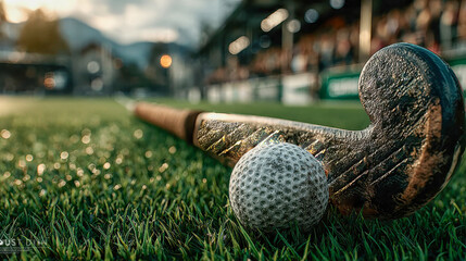 Close-up of a vintage field hockey stick and textured ball on lush green grass