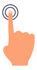 Cartoon hand with an extended index finger, pointing at a digital interface, representing interaction with touchscreen technology and the modern user experience in digital devices