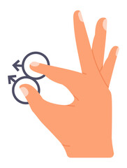 Caucasian hand holding the male homosexuality symbol between thumb and index finger, forming an ok sign with remaining fingers, set against a clean white background