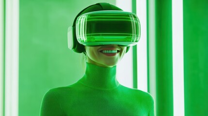 Smiling businesswoman in green sweater is wearing vr helmet. Digital interface in 3d glasses. Concept of future technology, interaction and entertainment playing game in virtual reality