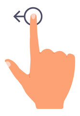 Human hand with index finger touching a digital touchscreen and swiping to the left, indicating a gesture based interaction with a technological device