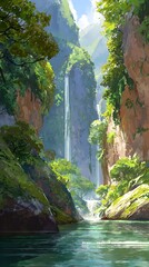 Lush valley with cascading waterfalls.