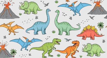 Adorable Dinosaur Illustration Seamless Pattern Featuring Triceratops, T-Rex, and Pterodactyl