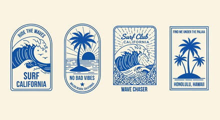 Retro Surf California Wave Ocean Palm Tree Vintage Summer Beach Badge Designs