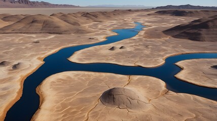 Aerial View of Serene River Carving Through Desert Landscape Under Clear Sky