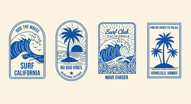 Retro Surf California Wave Ocean Palm Tree Vintage Summer Beach Badge Designs