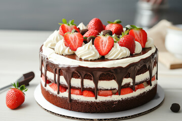 Chocolate and cream cake topped with strawberries and chocolate drizzle