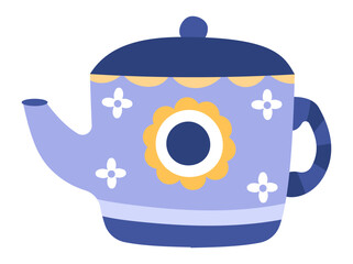 Lovely purple teapot with a dark blue lid, decorated with small white flowers and a large yellow flower, stands ready to be filled with hot water and used for making tea