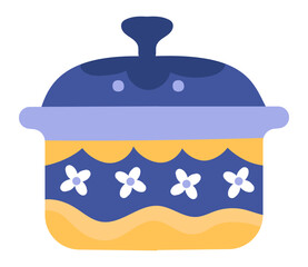 Colorful illustration of a blue and yellow cooking pot featuring a floral decoration and a lid, ideal for representing cooking, kitchenware, or homemade meals