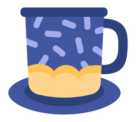 Blue decorated mug featuring yellow accents and a matching handle, resting gracefully on a saucer, set against a clean white background, perfect for enjoying warm beverages