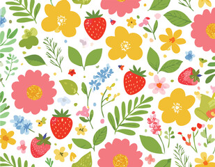 Springtime cute seamless pattern with hand drawn beautiful flowers, wildflower, strawberry, butterfly, leaves and herb. Floral summer background. Vintage romantic print.abstract, art, illustration, 