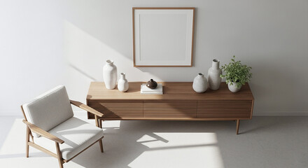 Modern Living Room Interior Design Armchair Cabinet Mock Up Frame Sunlight Shadows