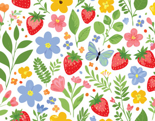 Springtime cute seamless pattern with hand drawn beautiful flowers, wildflower, strawberry, butterfly, leaves and herb. Floral summer background. Vintage romantic print.abstract, art, illustration, 
