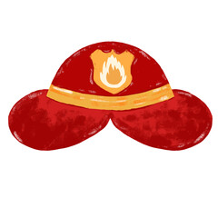 Fototapeta premium Cute hand drawn red firefighter fireman safety hat cap helmet doodle kids watercolor crayon illustration fire engine truck fireman firefighter rescue team 911 element clipart png