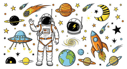 Astronaut, Planets, Stars, Rockets, UFOs Hand-Drawn Space Exploration Illustration Set