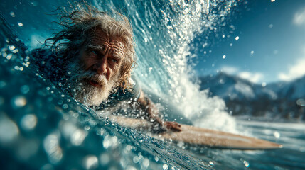 A senior man rides a surfboard on a large ocean wave under a bright sun, with water droplets and motion blur emphasizing the dynamic action
