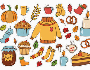 Autumn hand drawn sticker set. Cozy hygge fall icons. Scarf, candle, hot chocolate, socks, pie, pumpkin spice latte, mug, jam, leaves, mushroom. Cute autumn doodle. october, acorn, art, illustration, 