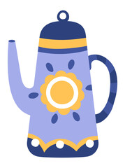 Whimsical purple coffee pot featuring a cheerful yellow flower design and a striped handle waiting to brew delicious beverages, adding charm to any kitchen or cafe setting