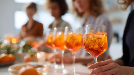 A chic home kitchen counter displaying an array of freshly made Aperol spritzes ready for guests to enjoy during a dinner party.