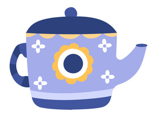 Purple teapot adorned with yellow and white flowers, featuring a navy blue lid and handle, set against a white background, perfect for food or cooking projects