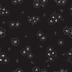 Minimal seamless floral pattern with white outline flowers and leaves on black background for modern fabric ,digital surface print and wallpaper.