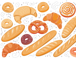 hand drawn bakery pastry products. Rye, wheat and whole grain bread, french baguette, whole wheat loaf, bagel, croissant, toast, pretzel, ciabatta, donut, cookie.cupcake, illustration, set, snack, 