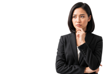 Young Asian business woman thinking and looking away with a serious expression, isolated on transparent background