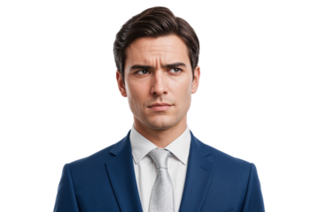 Thoughtful businessman looking up with a serious expression, symbolizing decision-making, confusion, or problem-solving. Isolated on transparent background
