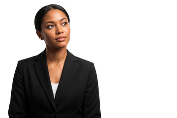 Thoughtful African American businesswoman looking up with a serious expression, finding solution or problem-solving. Isolated on transparent background