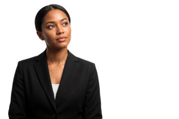 Thoughtful African American businesswoman looking up with a serious expression, finding solution or problem-solving. Isolated on transparent background