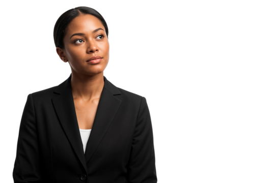 Thoughtful African American businesswoman looking up with a serious expression, finding solution or problem-solving. Isolated on transparent background