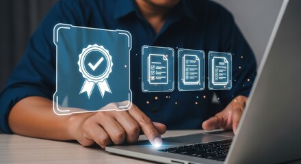 Person Working on Laptop at Night, Digital Documents and Security Certification Icon on Screen -  Cybersecurity, Data Protection Concept