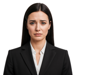 Sad businesswoman in formal suit with teary eyes, expressing emotion after losing her job or facing career failure. Isolated on transparent background