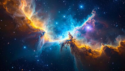 Fototapeta premium Cosmic Nebula Golden and Blue Hues, Starry Sky, Space Wallpaper, Astronomy, Nebula ,space,astrophotography