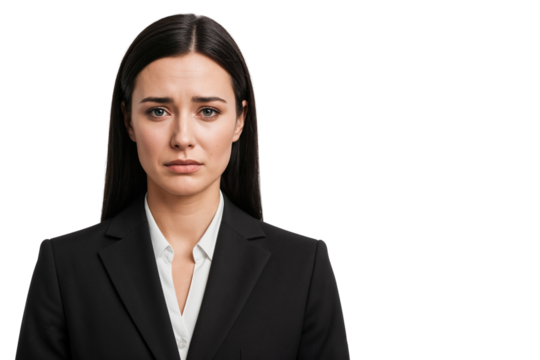 Sad businesswoman in formal suit with teary eyes, expressing emotion after losing her job or facing career failure. Isolated on transparent background