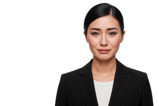 Businesswoman crying with visible tears, expressing loss, bankruptcy, or business failure. Isolated on transparent background