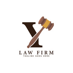 Letter Y Law Firm Logo Concept with Judge Hammer. Alphabet Y Judge Gavel