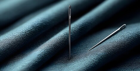Two sewing needles are on a blue fabric