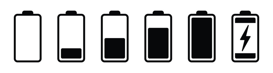 Battery level icon set. Charge status sign collection with empty, low, medium, full and charging symbol. Battery level indicator for app and UI. Transparent PNG and vector illustration.