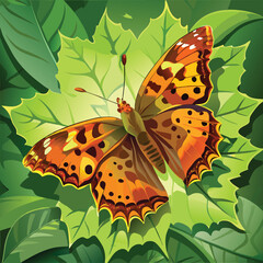 Detailed illustration of a  butterfly on green leaves